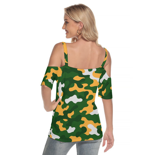 Green Bay Football Game Day All-Over Print Women's Cold Shoulder T-shirt With Criss Cross Strips