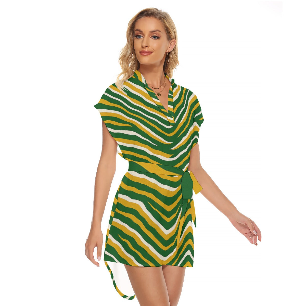 Green Bay Football Game Day All-Over Print Women's Stand-up Collar Casual Dress With Belt