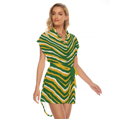 Green Bay Football Game Day All-Over Print Women's Stand-up Collar Casual Dress With Belt