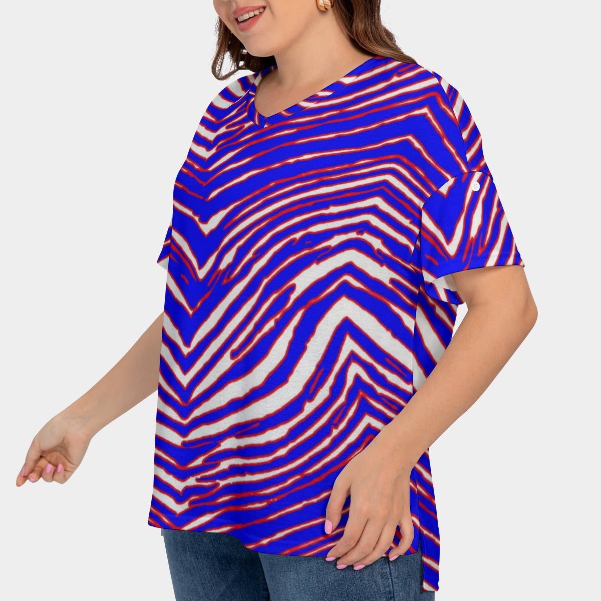 Buffalo Bills Zubaz Women's Drop-shoulder Short Sleeve T-shirt With Sleeve Loops(Plus Size)