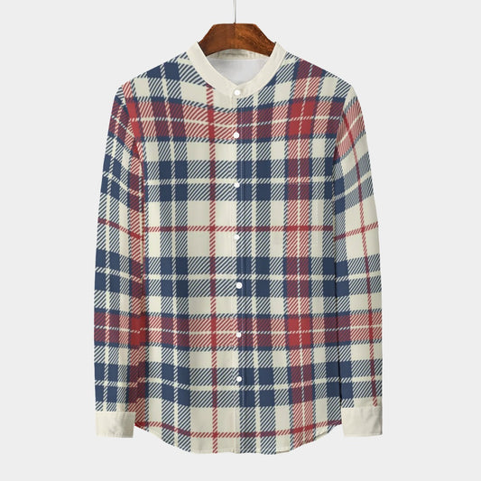 Tartan plaid Stand Collar Shirt With Long Sleeve|110GSM Imitation Flax