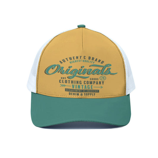 Trucker hat with text on a white background