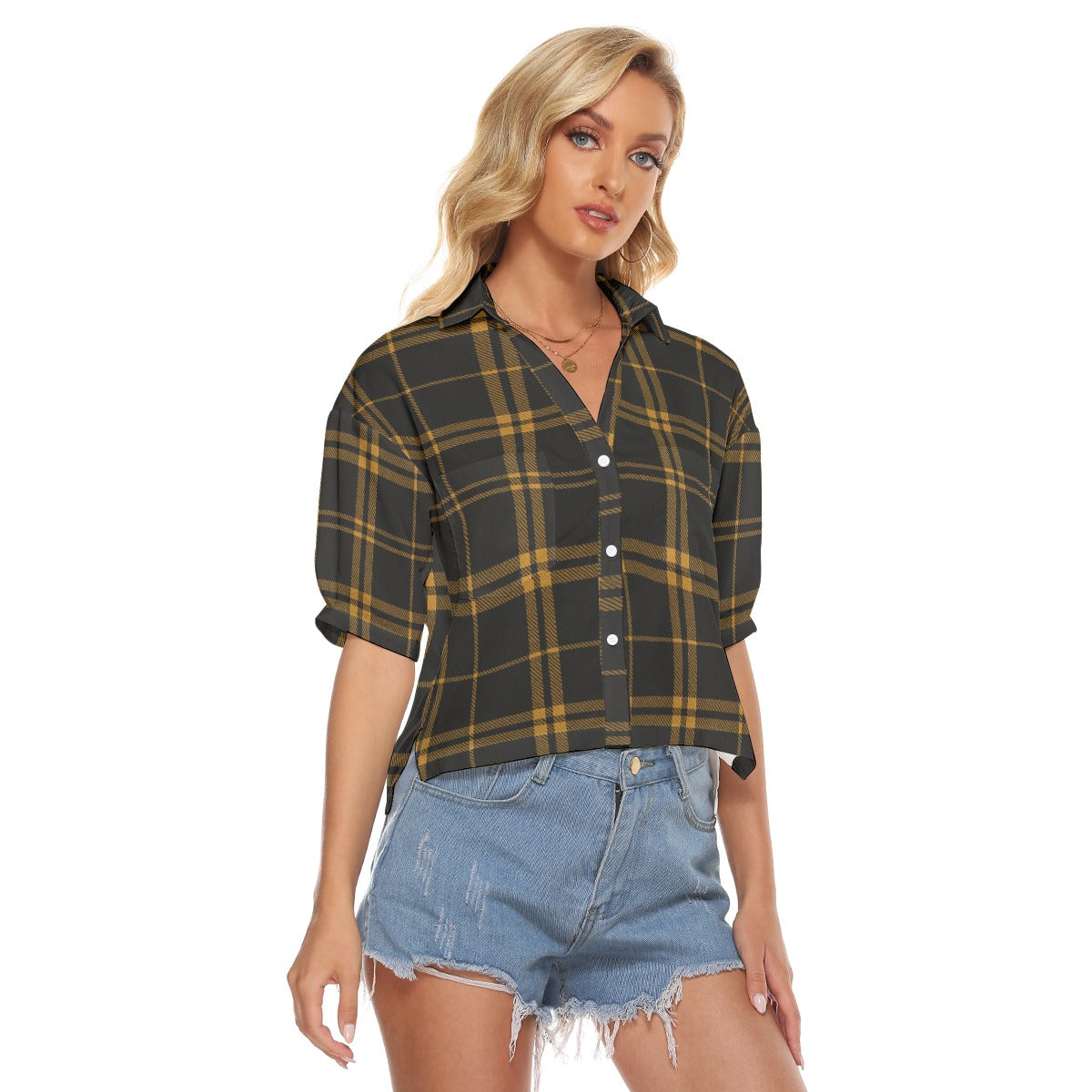 Urban Legend Iowa Hawkeyes Tartan Plaid Women's V-Neck Shirt – Black and Gold College Streetwear wit