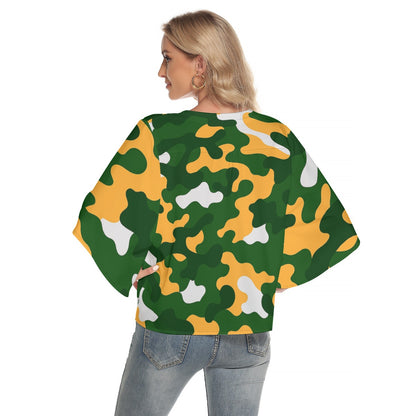 Green Bay Football Game Day All-Over Print Women's Bat Sleeve Light V-neck Front Buttoned Top