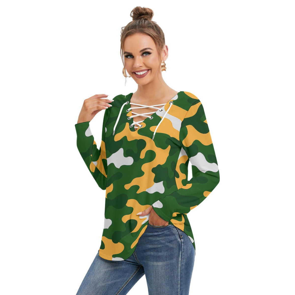 Green Bay Football Game Day All-Over Print Women's Long Sleeve Neckline Tie Sweatshirt