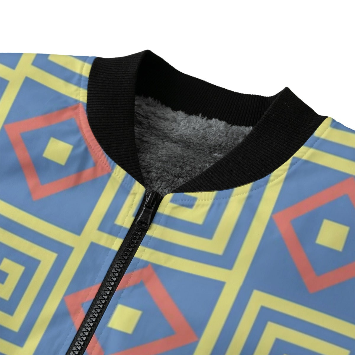 BoomBox Vibes Geometric Blue Seamless Fleece Bomber Jacket – Bold Streetwear Design