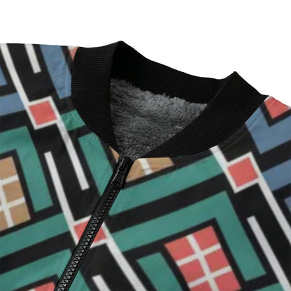 BoomBox Vibes Japanese Diamond Lines Fleece Bomber Jacket – Ethnic Streetwear Style