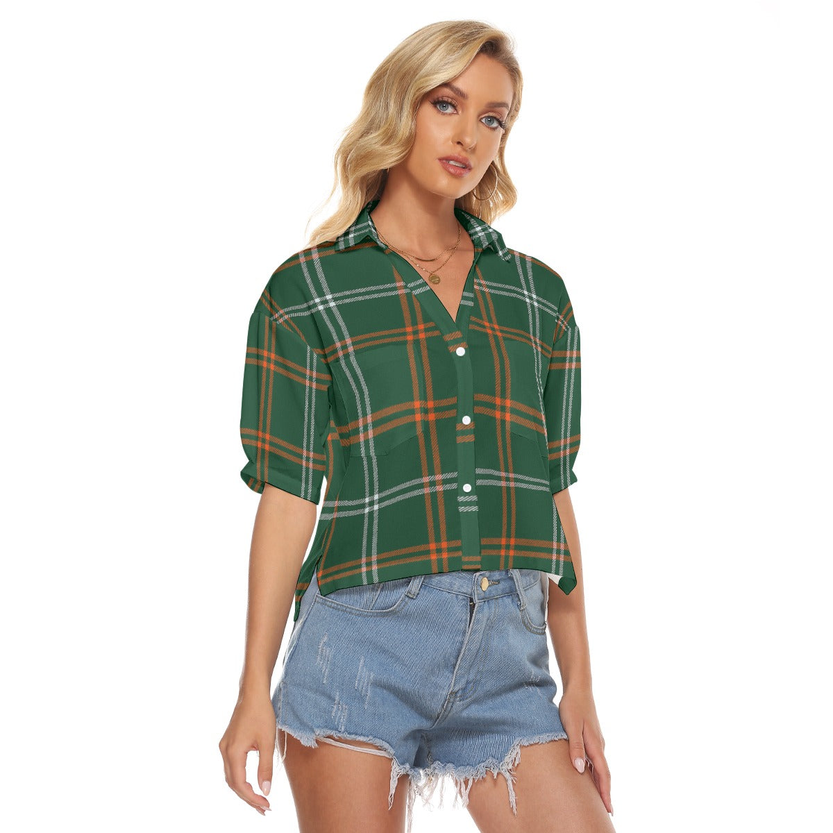 Urban Legend Miami Hurricanes Tartan Plaid Women's V-Neck Shirt – Orange and Green College Streetwea