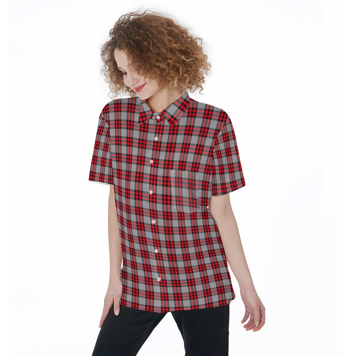 Ohio State Tartan Plaid Buckeyes Women's Short Sleeve Shirt With Pocket