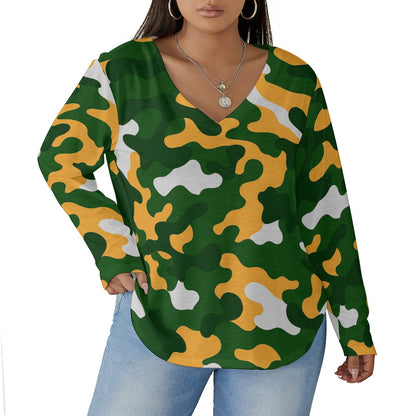 Green Bay Football Game Day All-Over Print Women's V-neck T-shirt With Curved Hem(Plus Size)