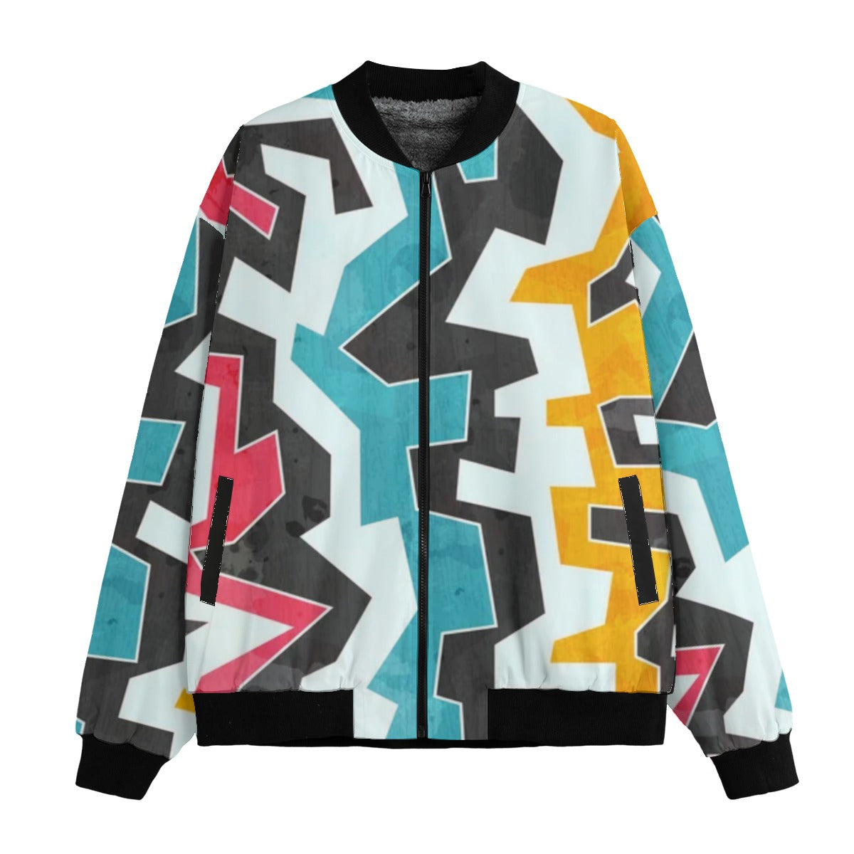 Colored Graffiti Explosion Seamless Fleece Bomber Jacket – Bold Urban Streetwear Style
