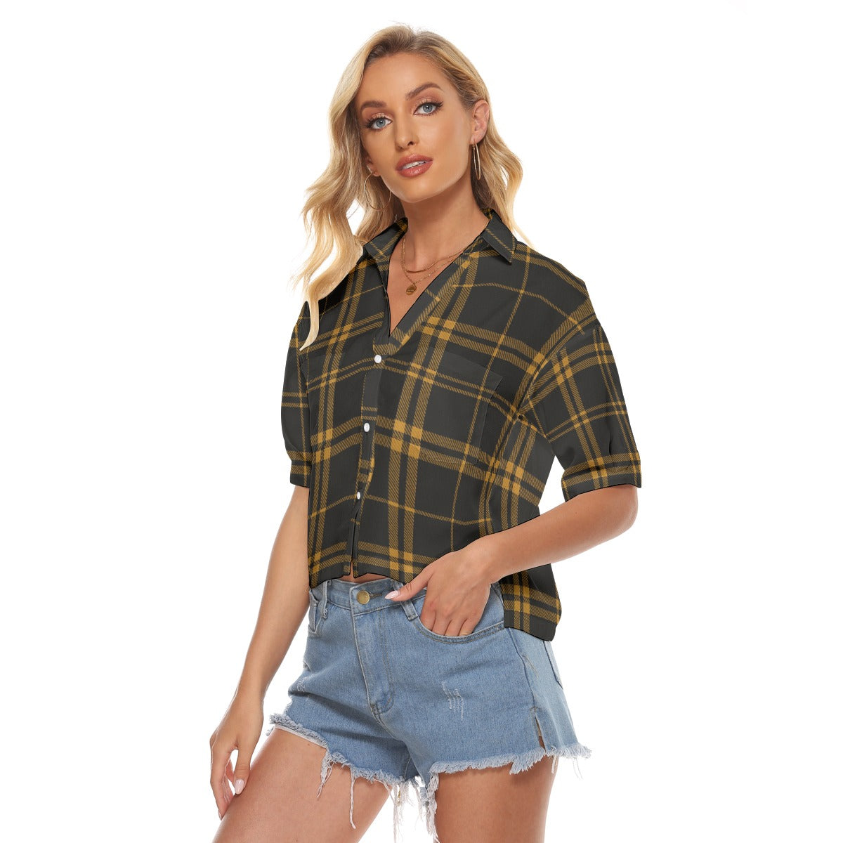 Urban Legend Iowa Hawkeyes Tartan Plaid Women's V-Neck Shirt – Black and Gold College Streetwear wit