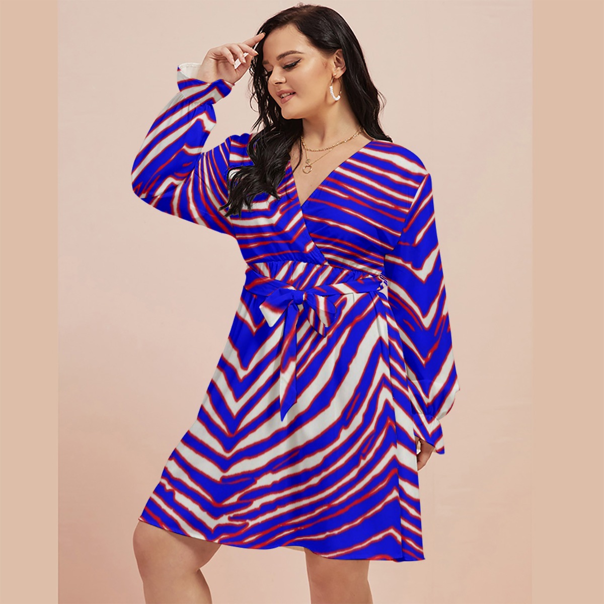 Buffalo Bills Zubaz Women's V-neck Dress With Waistband(Plus Size)