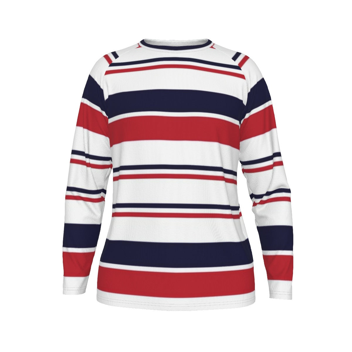 Long-sleeve shirt with red, white, and blue horizontal stripes on a white background