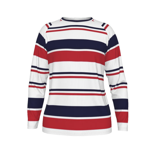 Long-sleeve shirt with red, white, and blue horizontal stripes on a white background