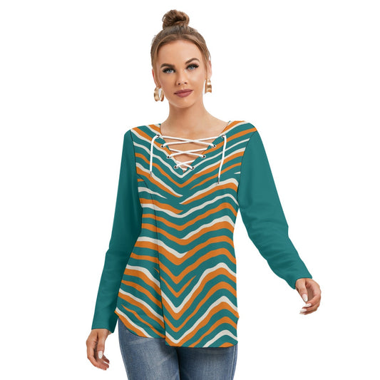 Miami Football Game Day All-Over Print Women's Long Sleeve Neckline Tie Sweatshirt