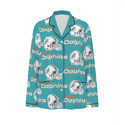 Miami Football Game Day All-Over Print Women's Long Sleeve Pajama Set With Black Contrast Piping