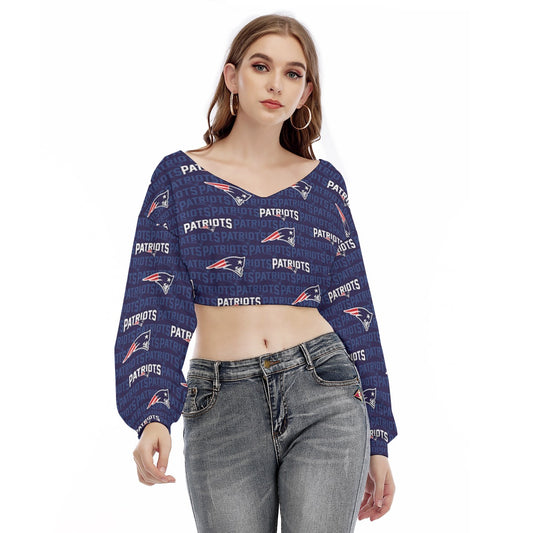 New England Football Game Day All-Over Print Women's V-neck Long Sleeve Cropped Sweatshirt
