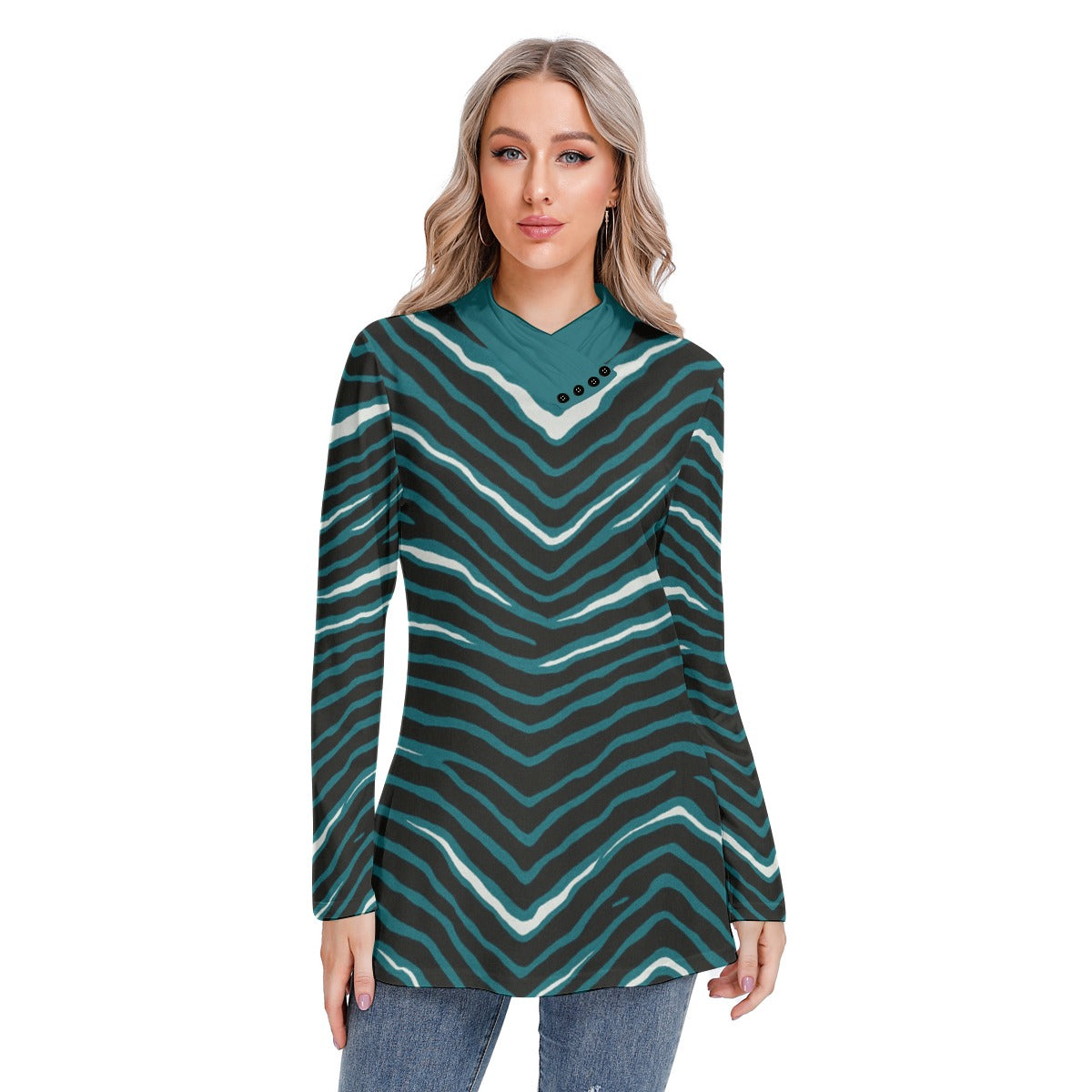 Philadelphia Football Game Day All-Over Print Women's Long-sleeved Heap-neck Slim Casual Tunic Blouse