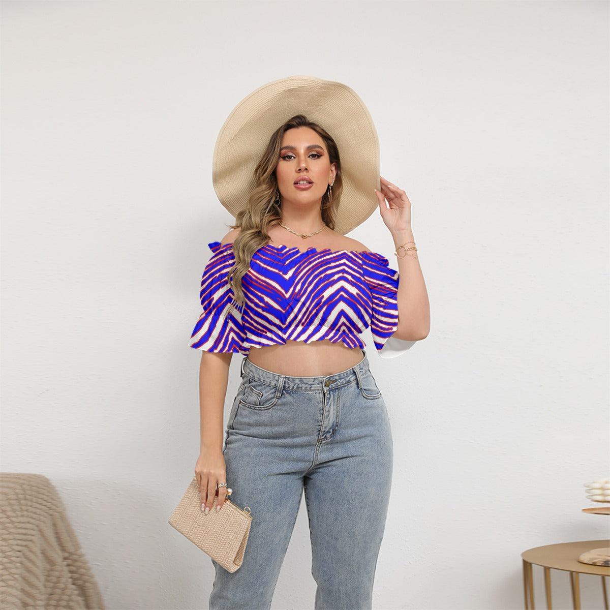 Buffalo Bills Zubaz Women's Off-shoulder Cropped Top With Short Puff Sleeve
