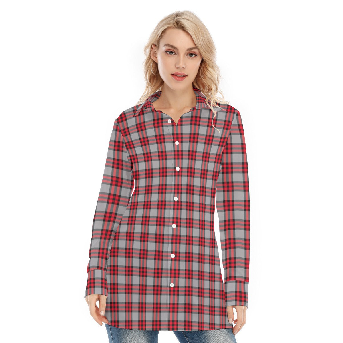 Ohio State Tartan Plaid Buckeyes Women's Long Shirt |115GSM Cotton poplin