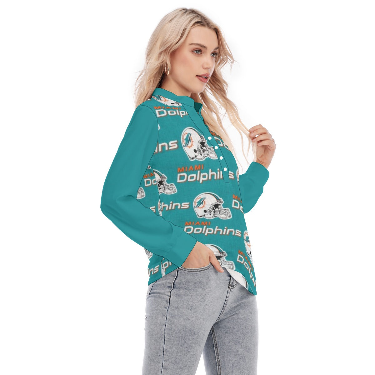 Miami Football Game Day All-Over Print Women's Long Sleeve Blouse With Button Closure