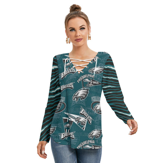 Philadelphia Football Game Day All-Over Print Women's Long Sleeve Neckline Tie Sweatshirt