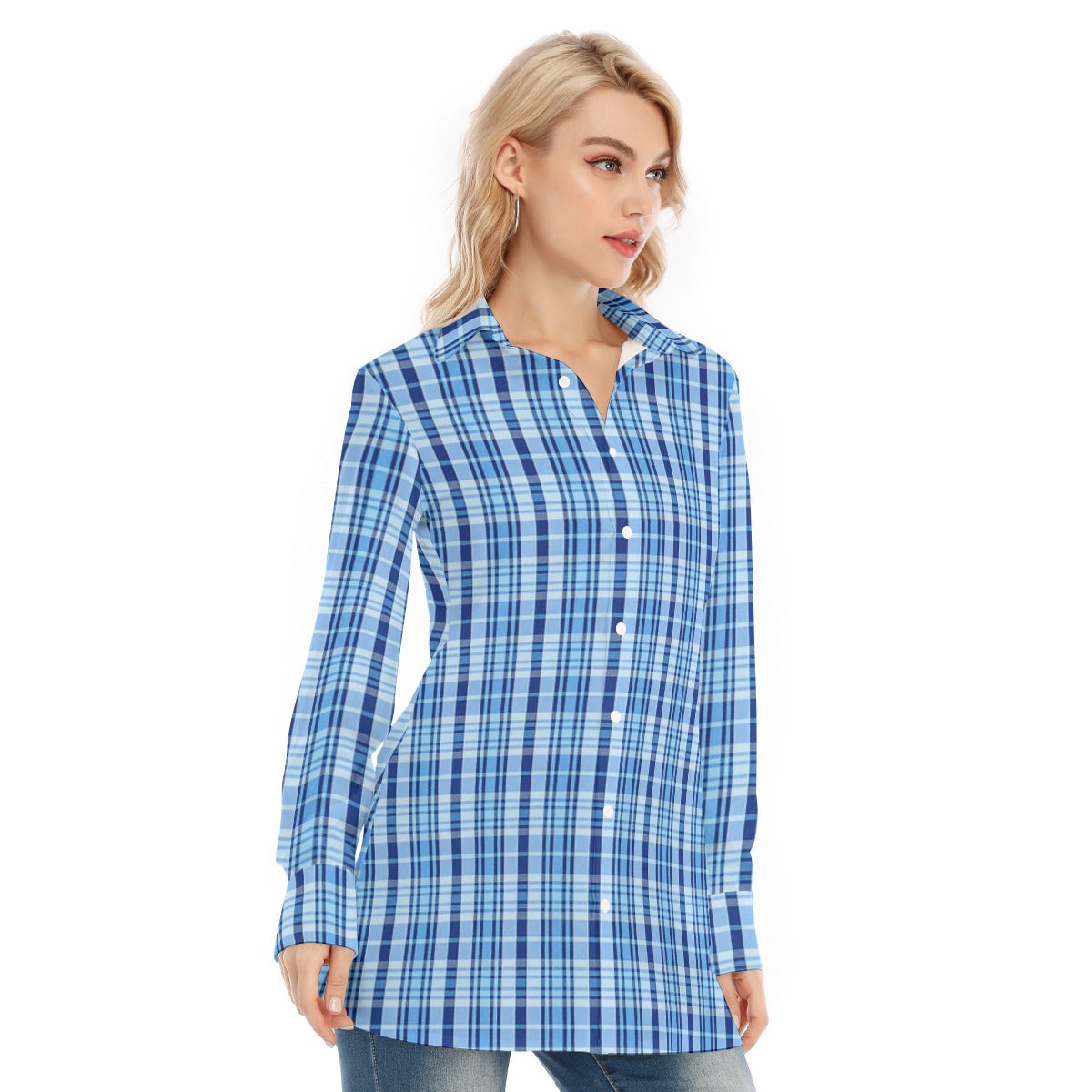North Carolina Tartan Plaid Tar Heels Blue Women's Long Shirt |115GSM Cotton poplin