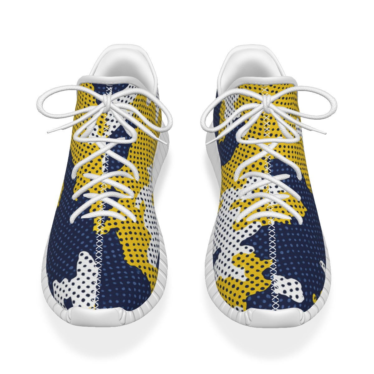 Pair of sneakers with blue and yellow pattern on a white background