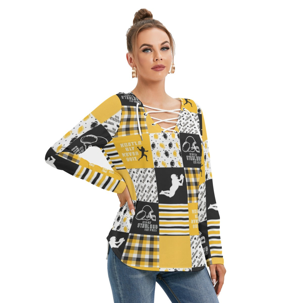 All-Over Print Women's Long Sleeve Neckline Tie Sweatshirt