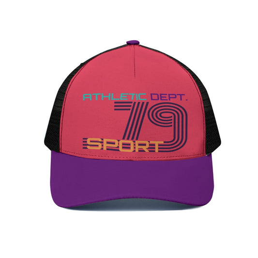Red and purple cap with 'Athletic Dept. 79 Sport' text on a white background