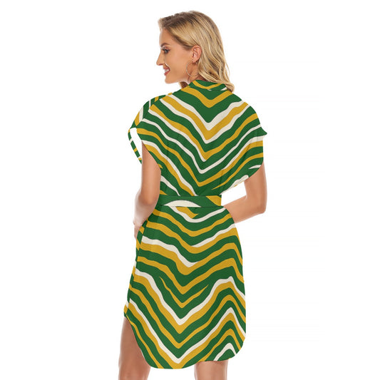 Green Bay Football Game Day All-Over Print Women's Stand-up Collar Casual Dress With Belt