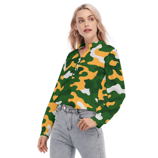 Green Bay Football Game Day All-Over Print Women's Long Sleeve Blouse With Button Closure