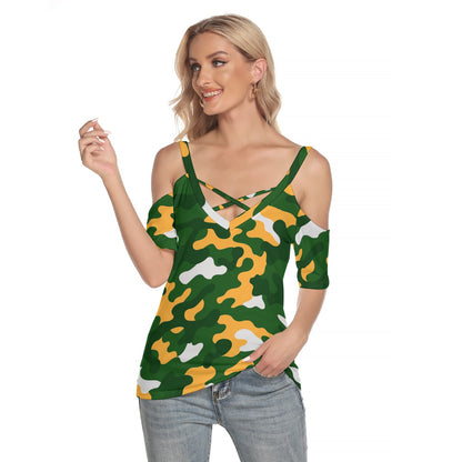 Green Bay Football Game Day All-Over Print Women's Cold Shoulder T-shirt With Criss Cross Strips