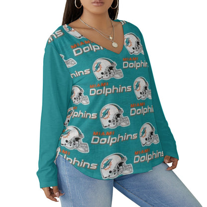 Miami Football Game Day All-Over Print Women's V-neck T-shirt With Curved Hem(Plus Size)