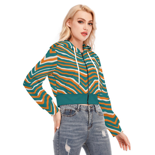 Miami Football Game Day All-Over Print Women's Crop Top Hoodie With Zipper Closure