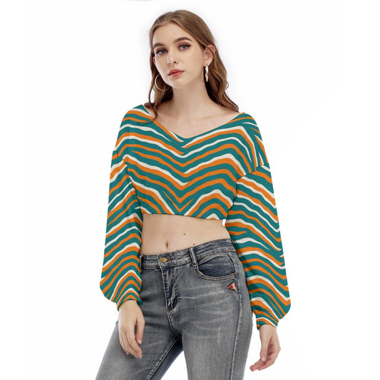 Miami Football Game Day All-Over Print Women's V-neck Long Sleeve Cropped Sweatshirt
