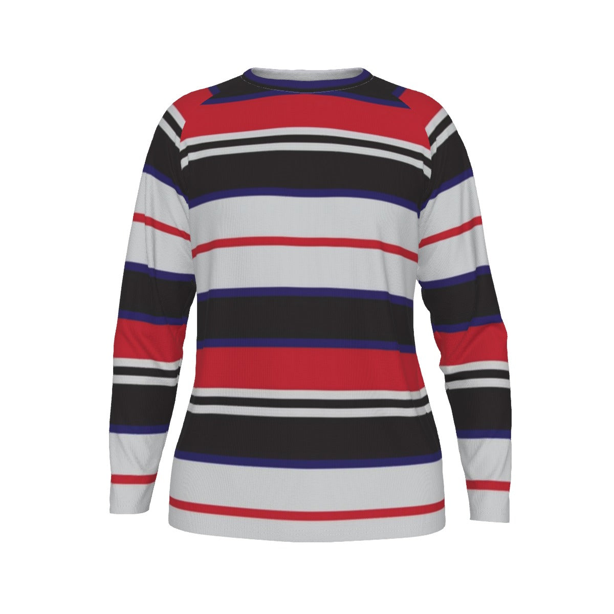 Long-sleeve shirt with red, black, and white stripes on a white background
