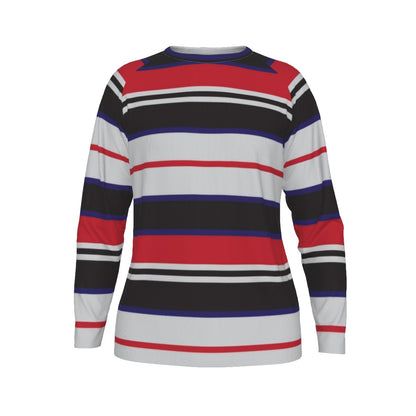 Long-sleeve shirt with red, black, and white stripes on a white background