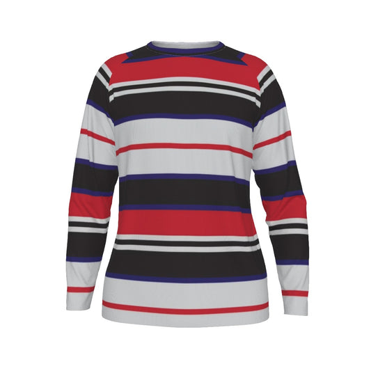 Long-sleeve shirt with red, black, and white stripes on a white background