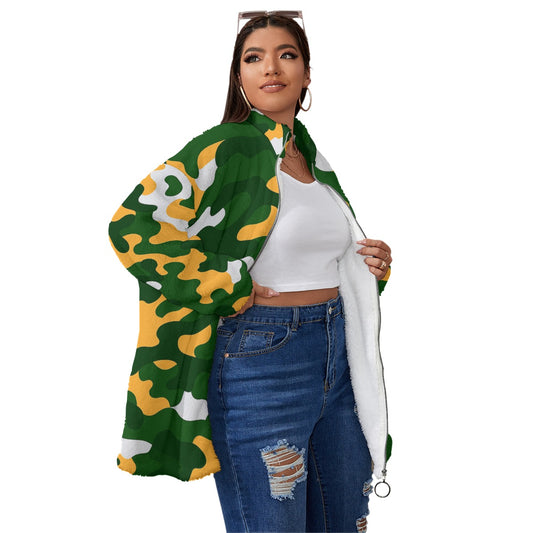 Green Bay Football Game Day All-Over Print Unisex Borg Fleece Stand-up Collar Coat With Zipper Closure(Plus Size)