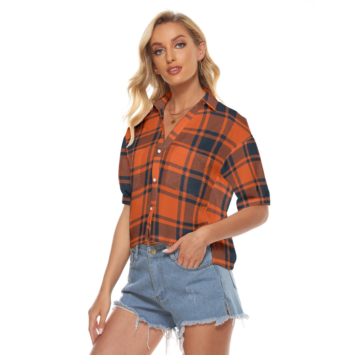 Urban Legend Illinois Urbana Fighting Illini Tartan Plaid Women's V-Neck Shirt – Orange and Blue Col