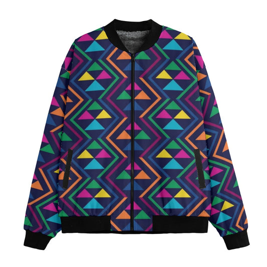 Neon Nights Colourful Geometrical Pattern Fleece Bomber Jacket – Festival Streetwear Style