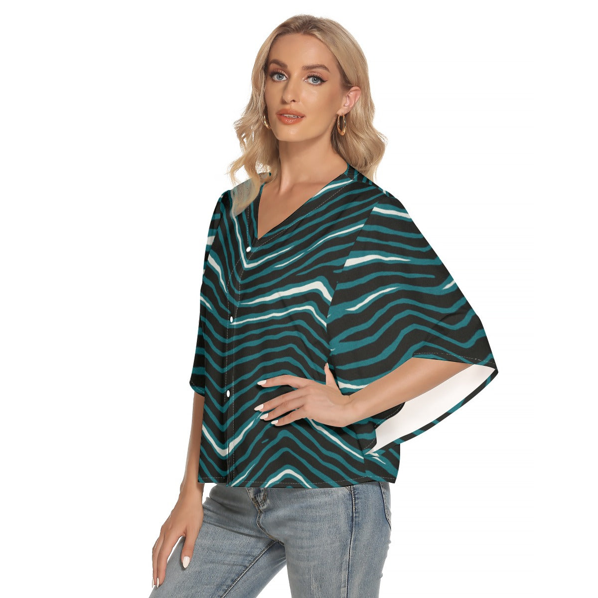 Philadelphia Football Game Day All-Over Print Women's Bat Sleeve Light V-neck Front Buttoned Top