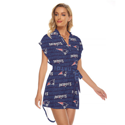 New England Football Game Day All-Over Print Women's Stand-up Collar Casual Dress With Belt