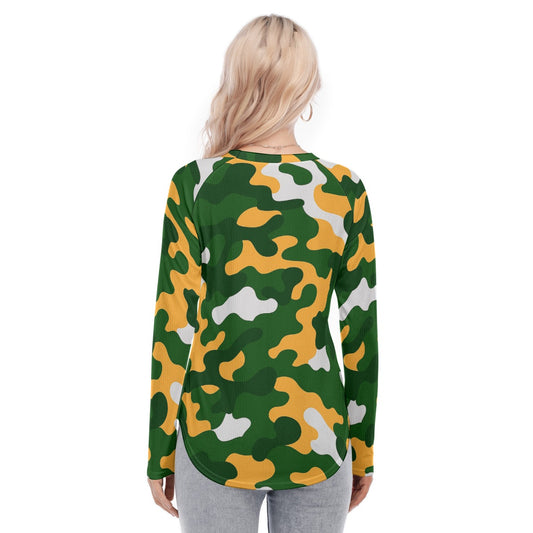 Green Bay Football Game Day All-Over Print Women's Raglan Sleeves U-Shaped Hem Long Sleeves Blouse
