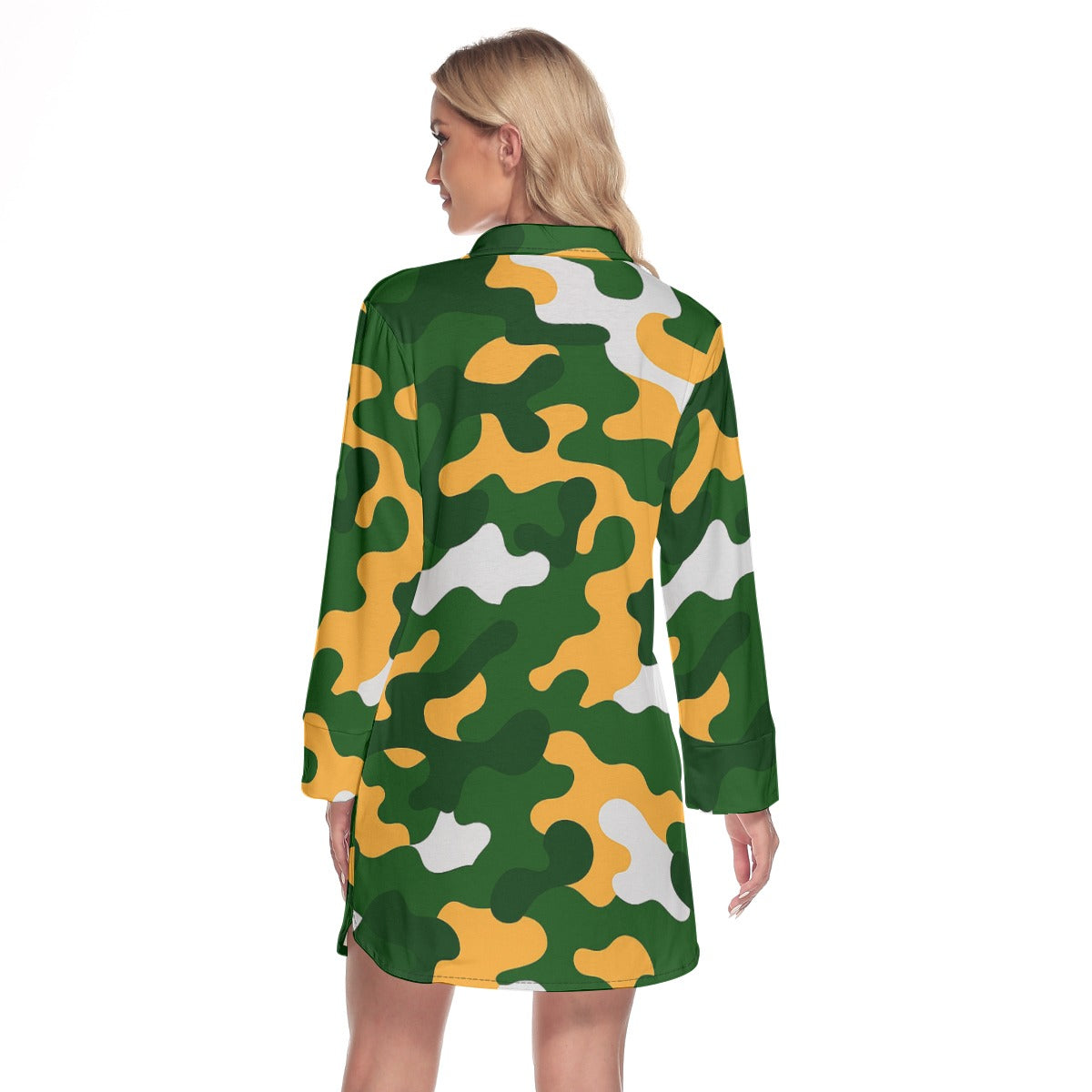 Green Bay Football Game Day All-Over Print Women's Lapel Shirt Dress With Long Sleeve