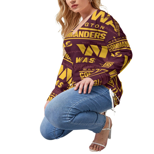 Washington Commanders Women’s V-neck T-shirt With Side Drawstring(Plus Size)