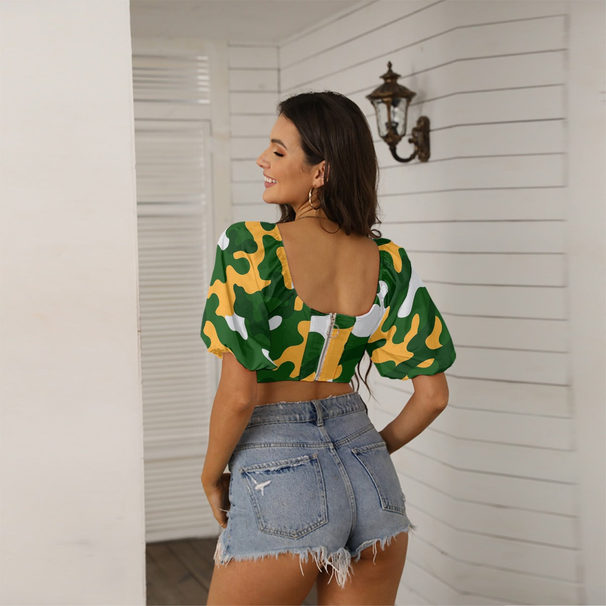 Green Bay Football Game Day All-Over Print Women's Square Collar Cropped Top With Puff Sleeve