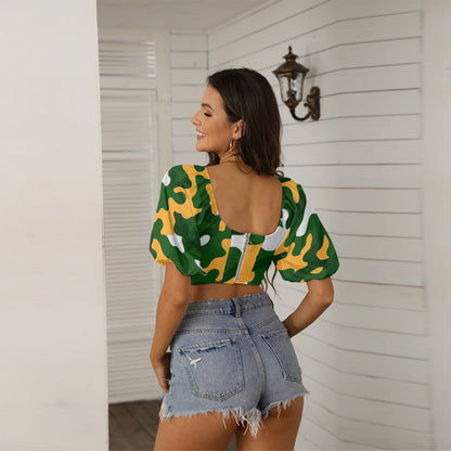 Green Bay Football Game Day All-Over Print Women's Square Collar Cropped Top With Puff Sleeve